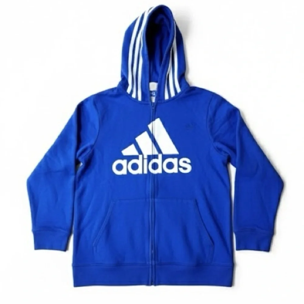 Adidas Youth Full Zip Hoodie Blue White Logo Jacket Size 7 Unisex Kids